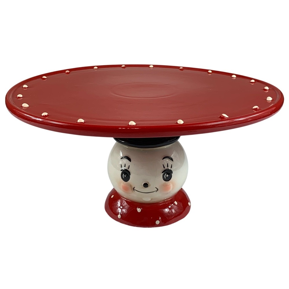 Johanna Parker Transpac Snowman Cake Stand Red Christmas Holiday Folk Art 11.5"